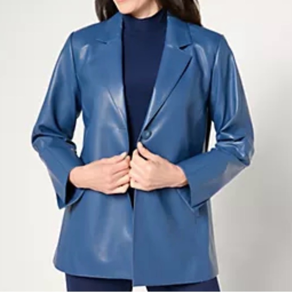 Dennis Basso Women's Blue Bliss Faux Leather Jacket Size 5X